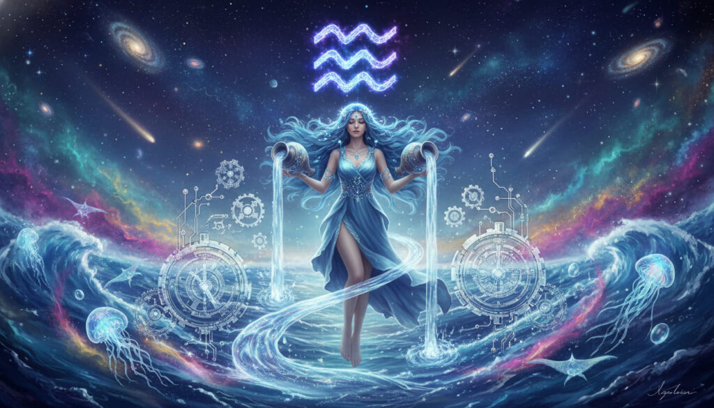 mọc bảo bình aquarius rising cô gái cầm hai bình nước và biểu tượng mọc bảo bình