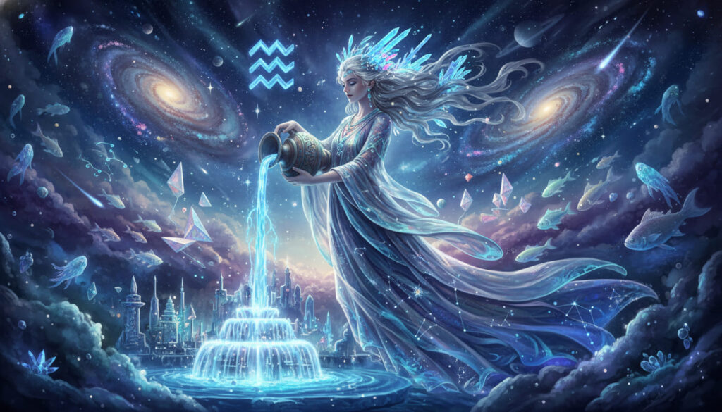 mọc bảo bình aquarius rising cô gái cầm bình nước và ký hiệu mọc bảo bình