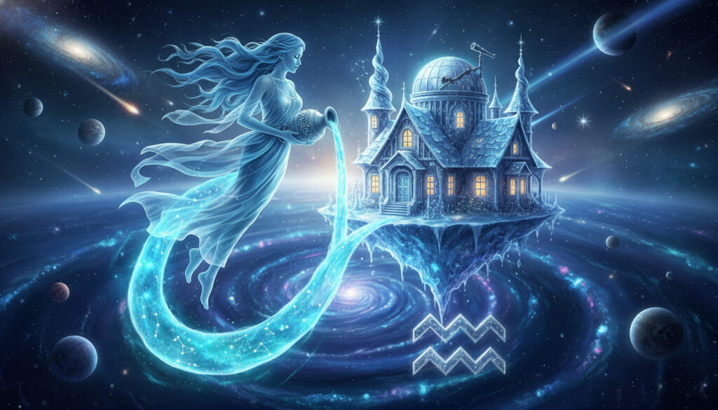 mọc bảo bình aquarius ascendant hình cô gái đổ nước gần ngôi nhà
