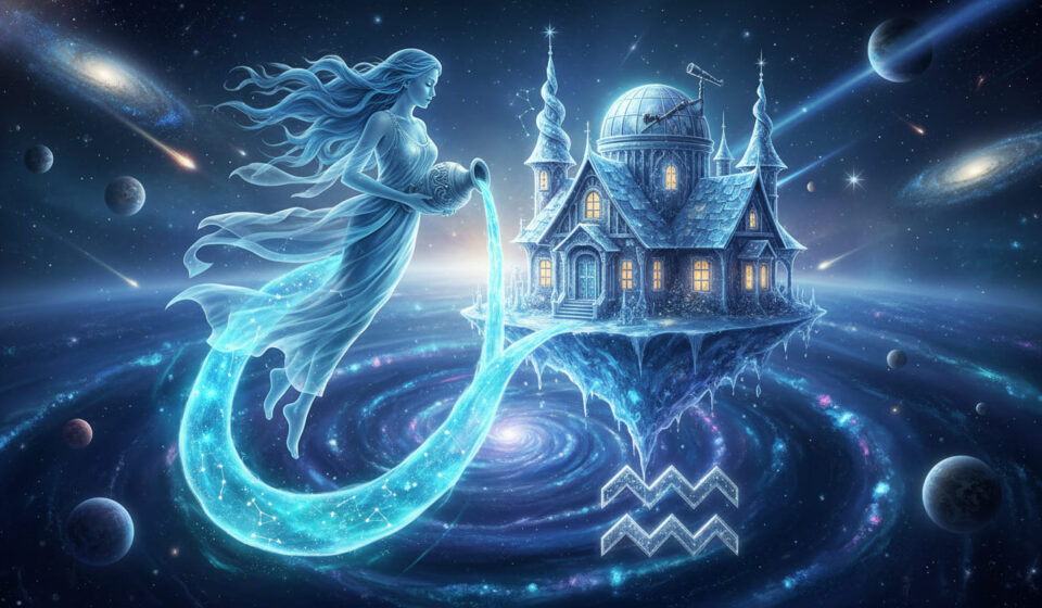 Aquarius Rising: Emotional Waterproof Packaging mọc bảo bình aquarius ascendant hình cô gái đổ nước gần ngôi nhà