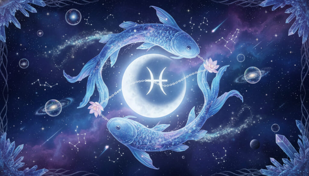 mọc song ngư pisces rising hai con cá quay quanh mặt trăng và biểu tượng song ngư