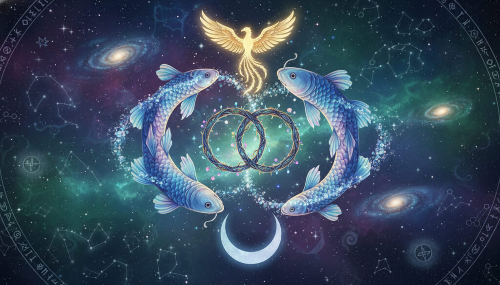 mọc song ngư khi yêu pisces ascendant hai con cá bơi lượn cùng mặt trăng