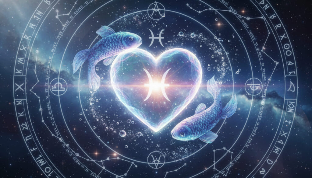 mọc song ngư khi yêu pisces ascendant hai con cá bơi quanh hình trái tim
