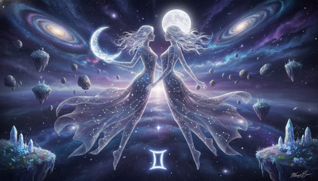 moon in gemini moon song tử hai cô gái bay cạnh nhau và ký hiệu cung song tử bên mặt trăng