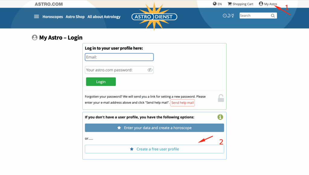 màn hình đăng nhập vào astro.com lập bản đồ sao astro chart generator