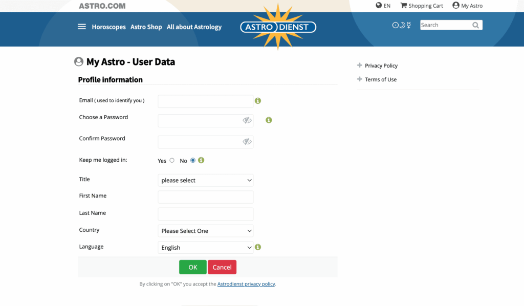 màn hình điền thông tin để tạo tài khoản lập bản đồ sao astro chart generator
