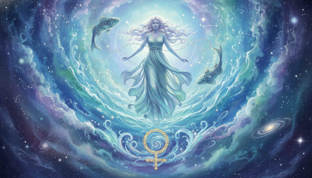 venus song ngư sao kim song ngư cô gái và hai con cá bơi bên cạnh
